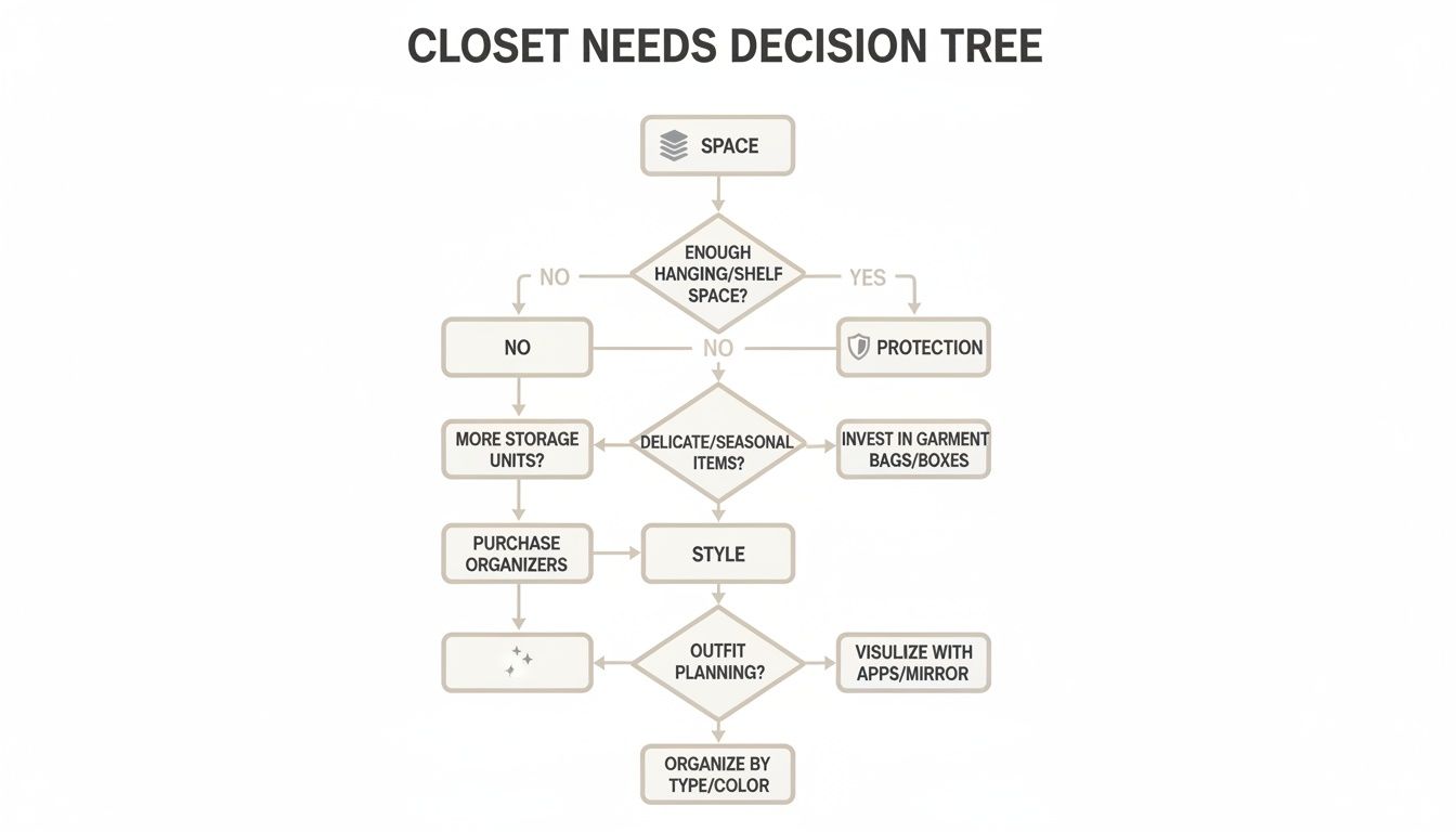 A flowchart illustrating a closet needs decision tree for organizing and managing wardrobe items.