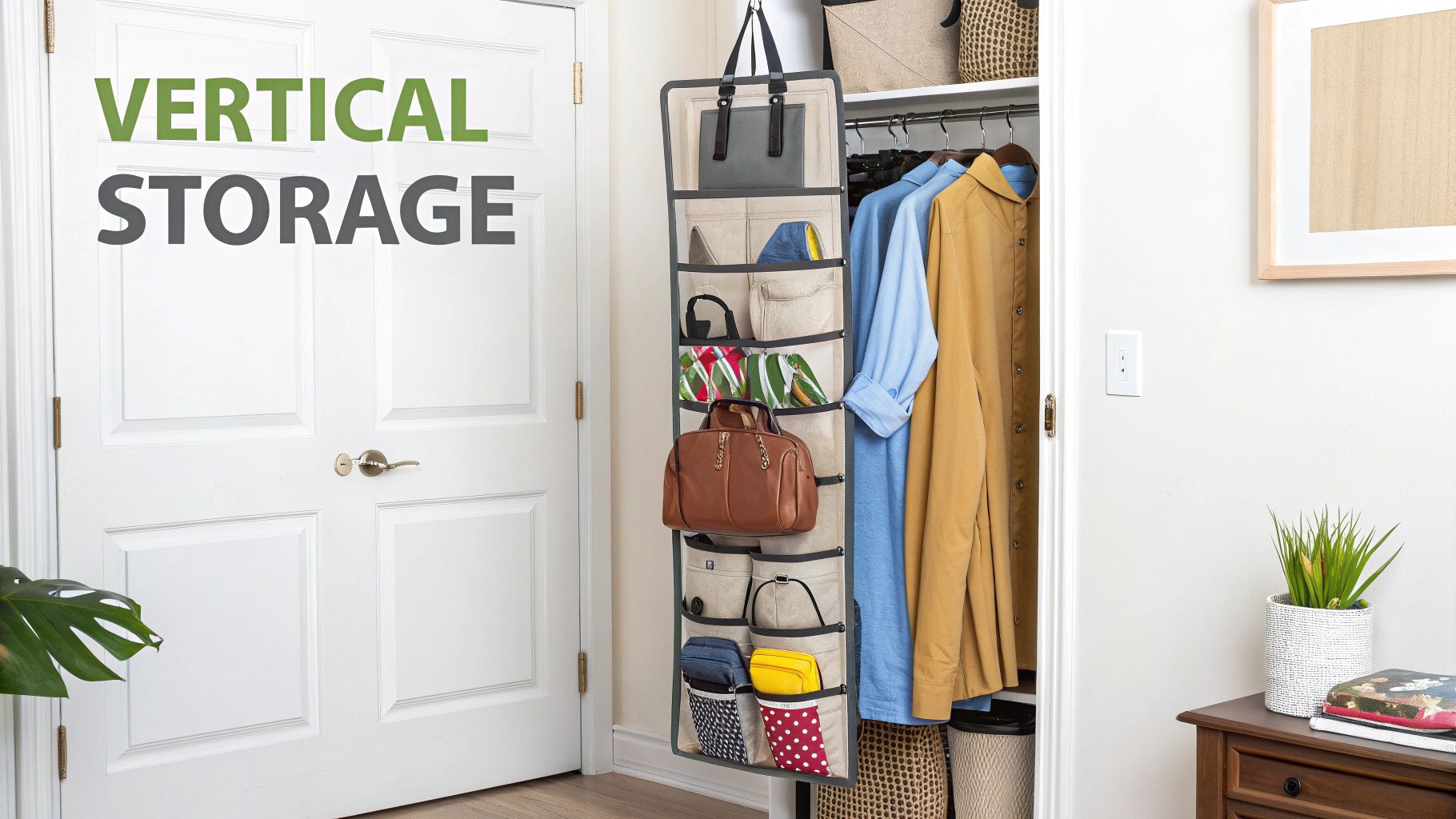 Vertical storage organizer in a closet, neatly holding various handbags and accessories.