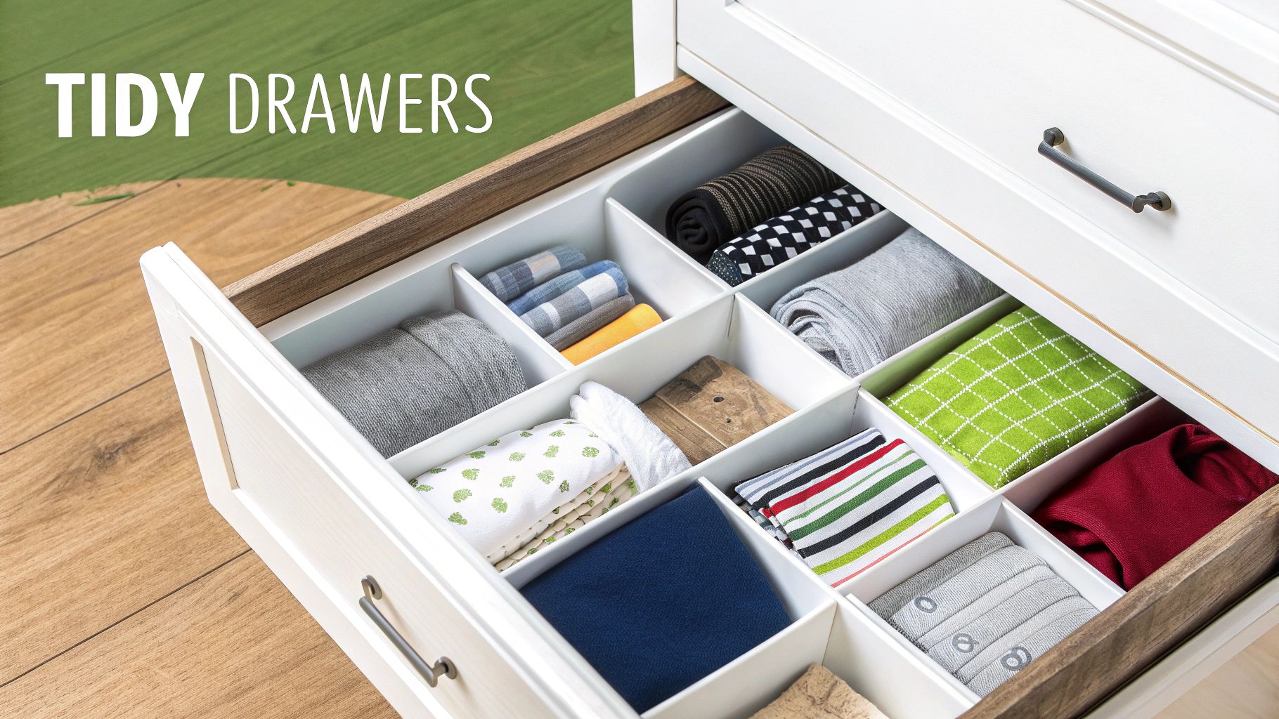 An open white drawer with built-in dividers neatly organizing various folded clothes and textiles.