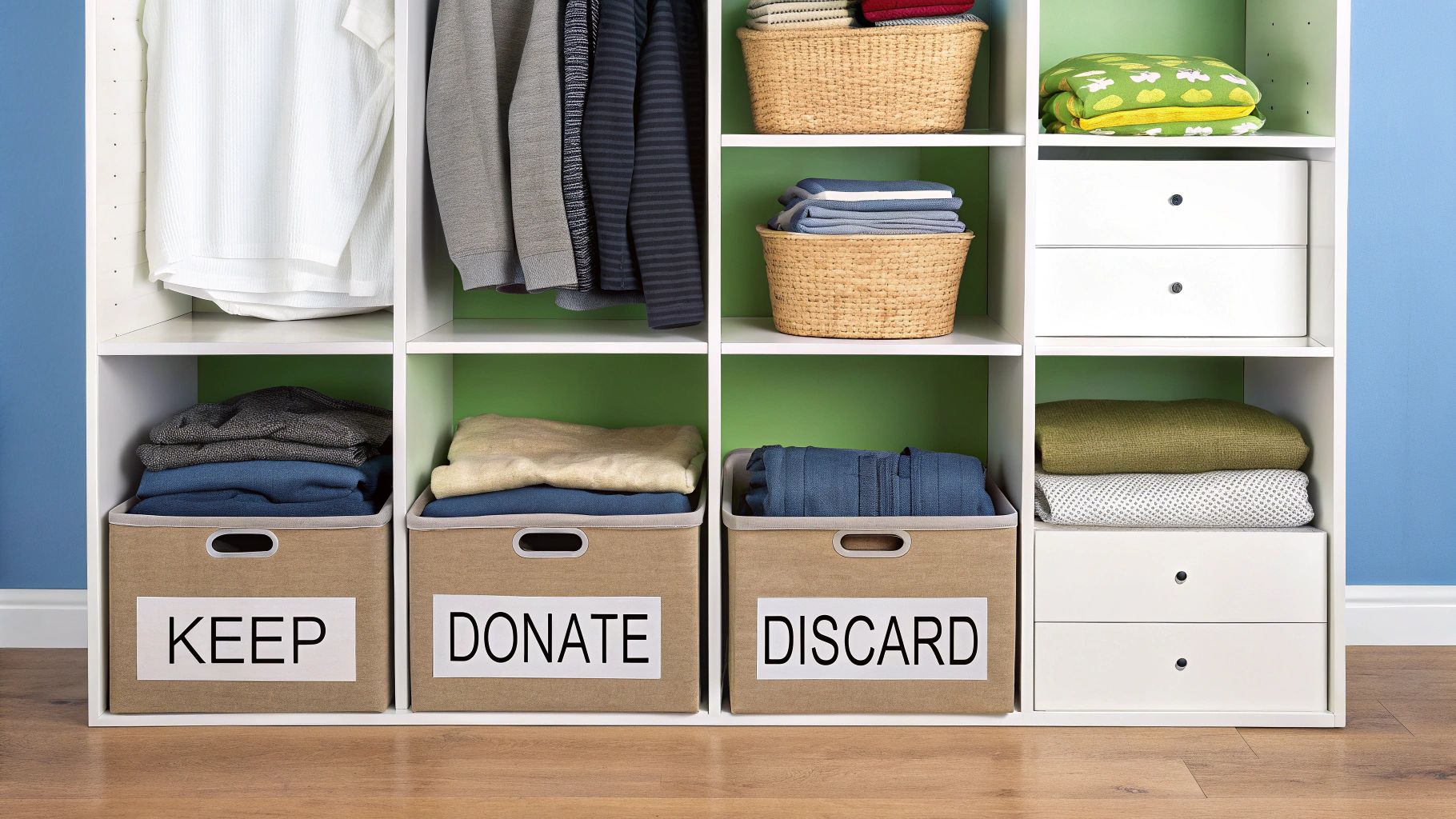 A neatly organized white closet with clothes in bins labeled 'Keep,' 'Donate,' and 'Discard.'