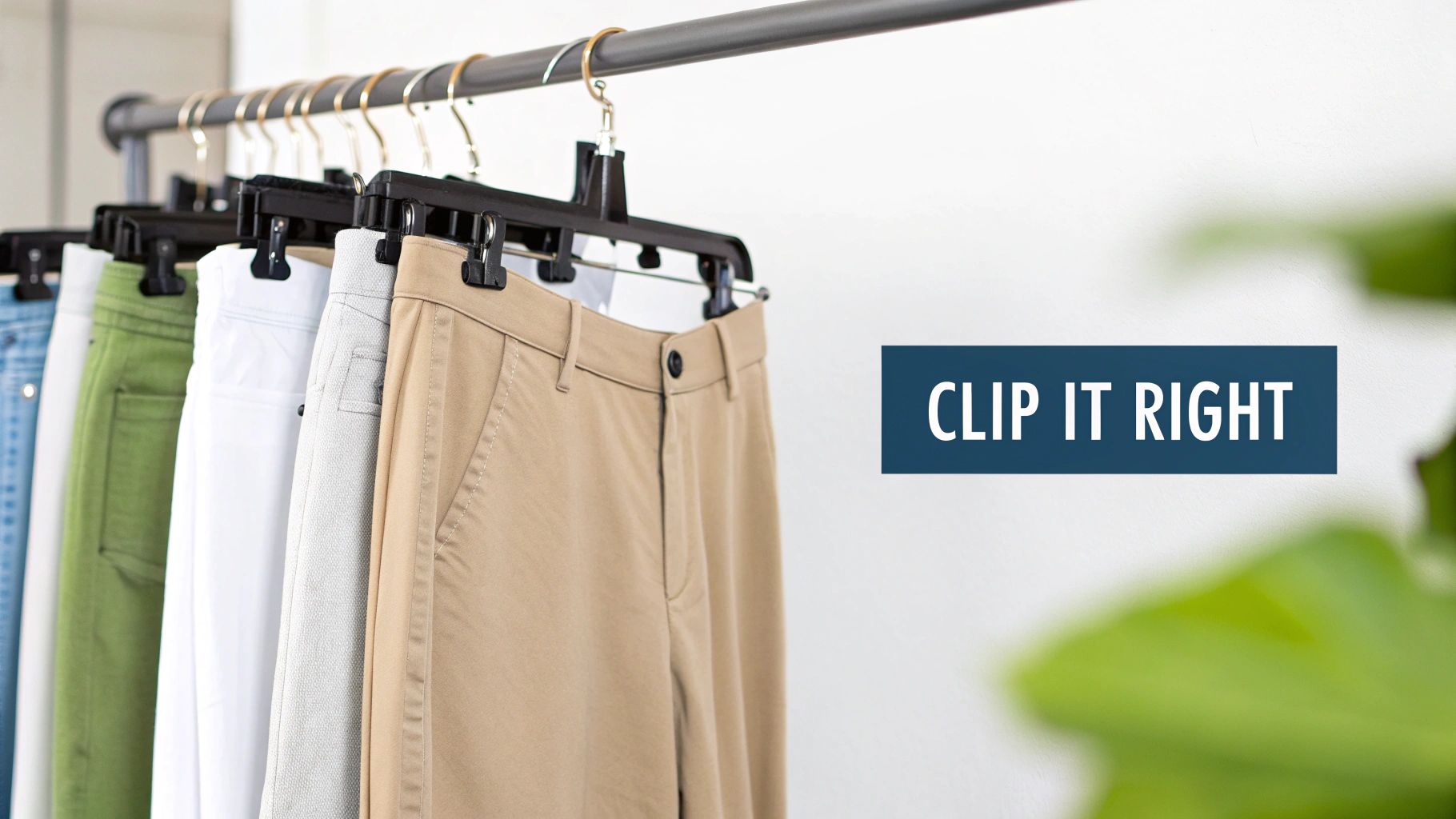 A person hanging pants using clip hangers in an organized closet.