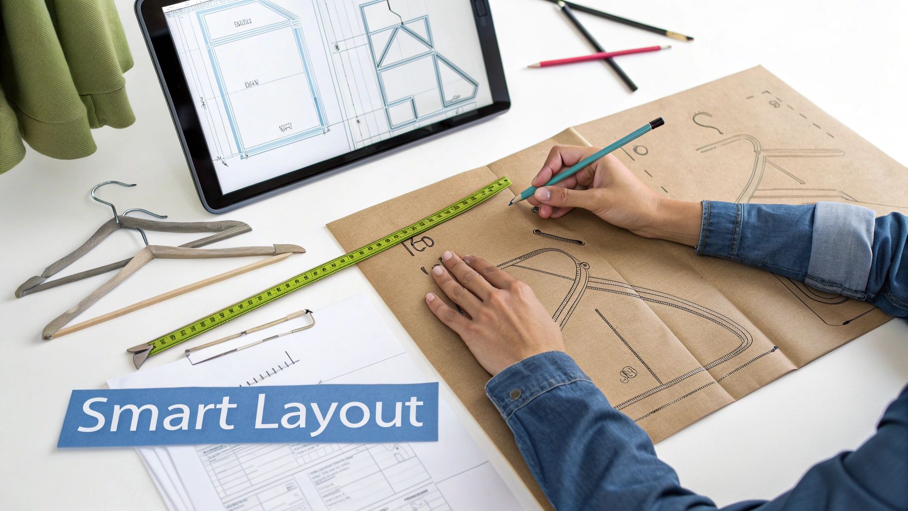 A person sketching a DIY closet organizer layout on a notepad with a tape measure nearby.