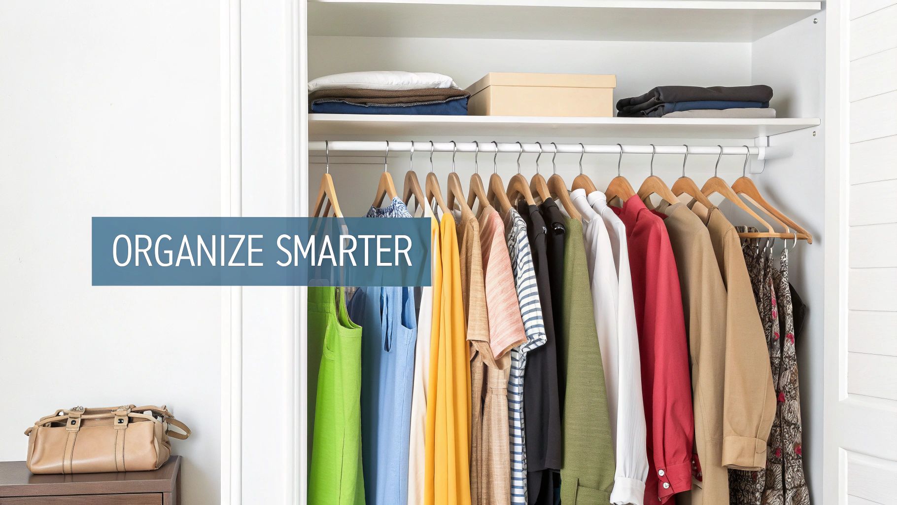 A neatly organized white closet with colorful clothes hanging on a telescoping rod and folded items on a shelf, with text 'ORGANIZE SMARTER'.