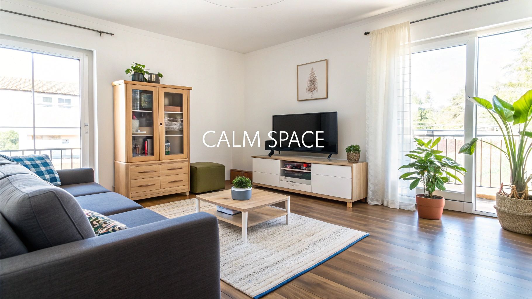 Modern living room with a grey sofa, wooden cabinets, television, and plants by large windows.