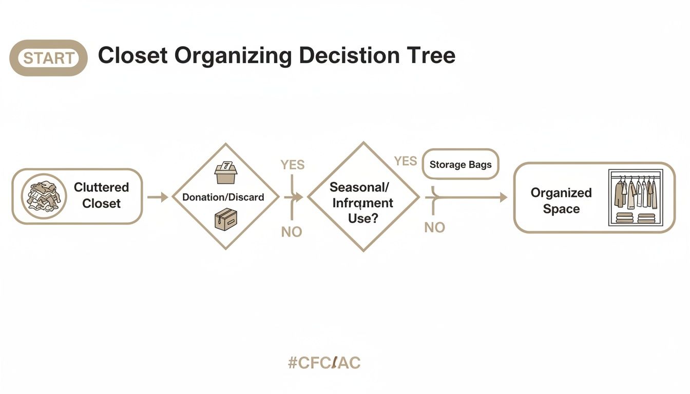 A closet organizing decision tree flowchart illustrating steps from a cluttered closet to an organized space.