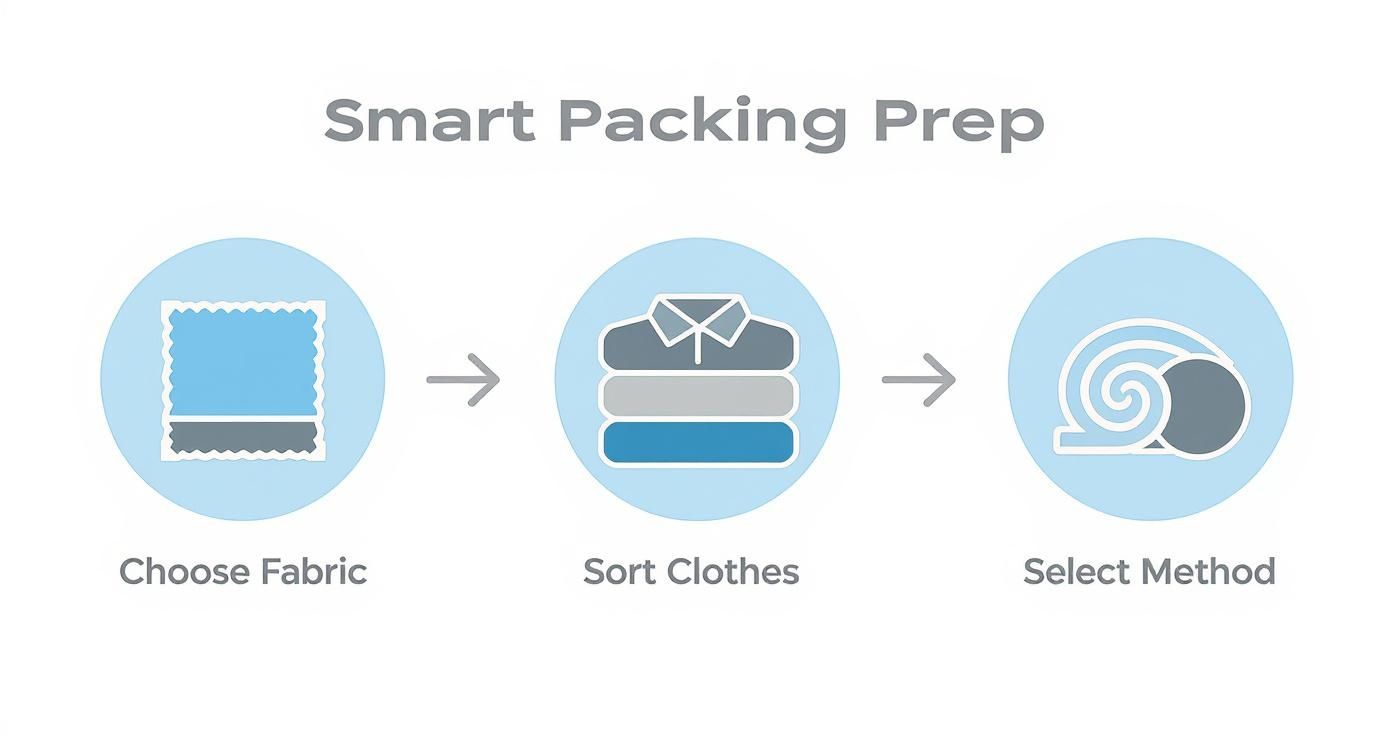 Three-step smart packing preparation process showing fabric selection, clothing organization, and rolling method icons