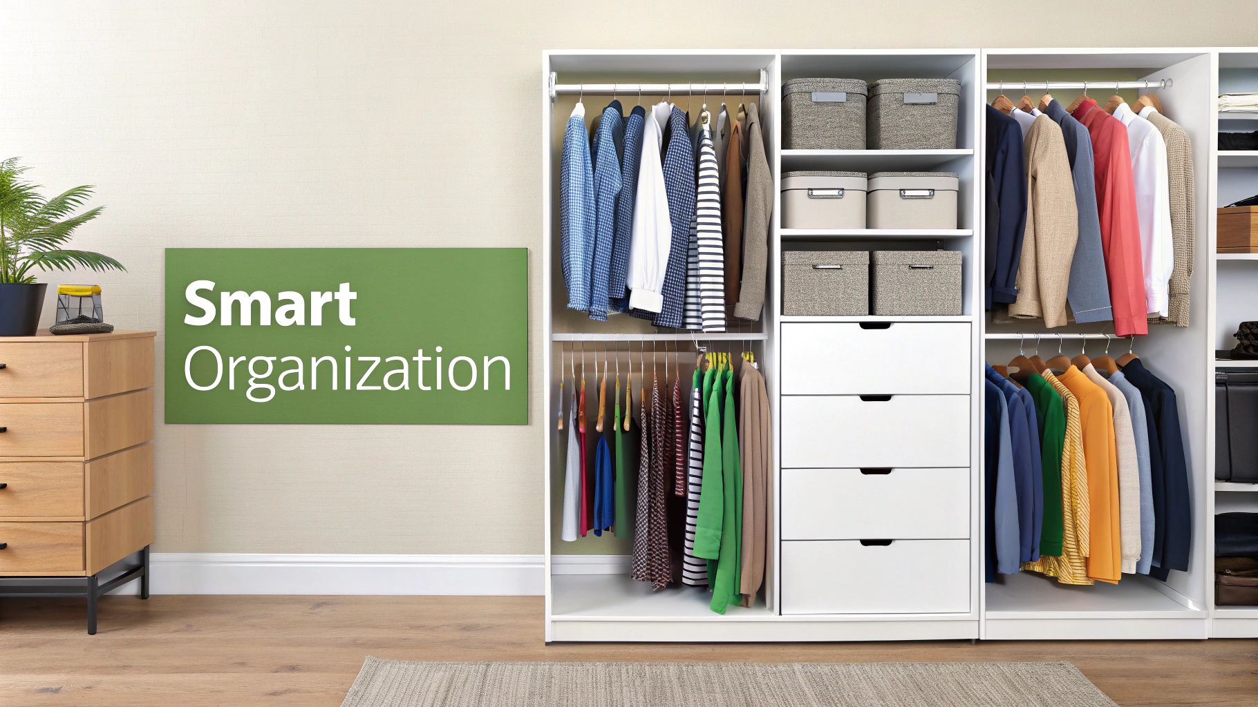 A well-organized closet with clothes neatly categorized by type and color on slim hangers.