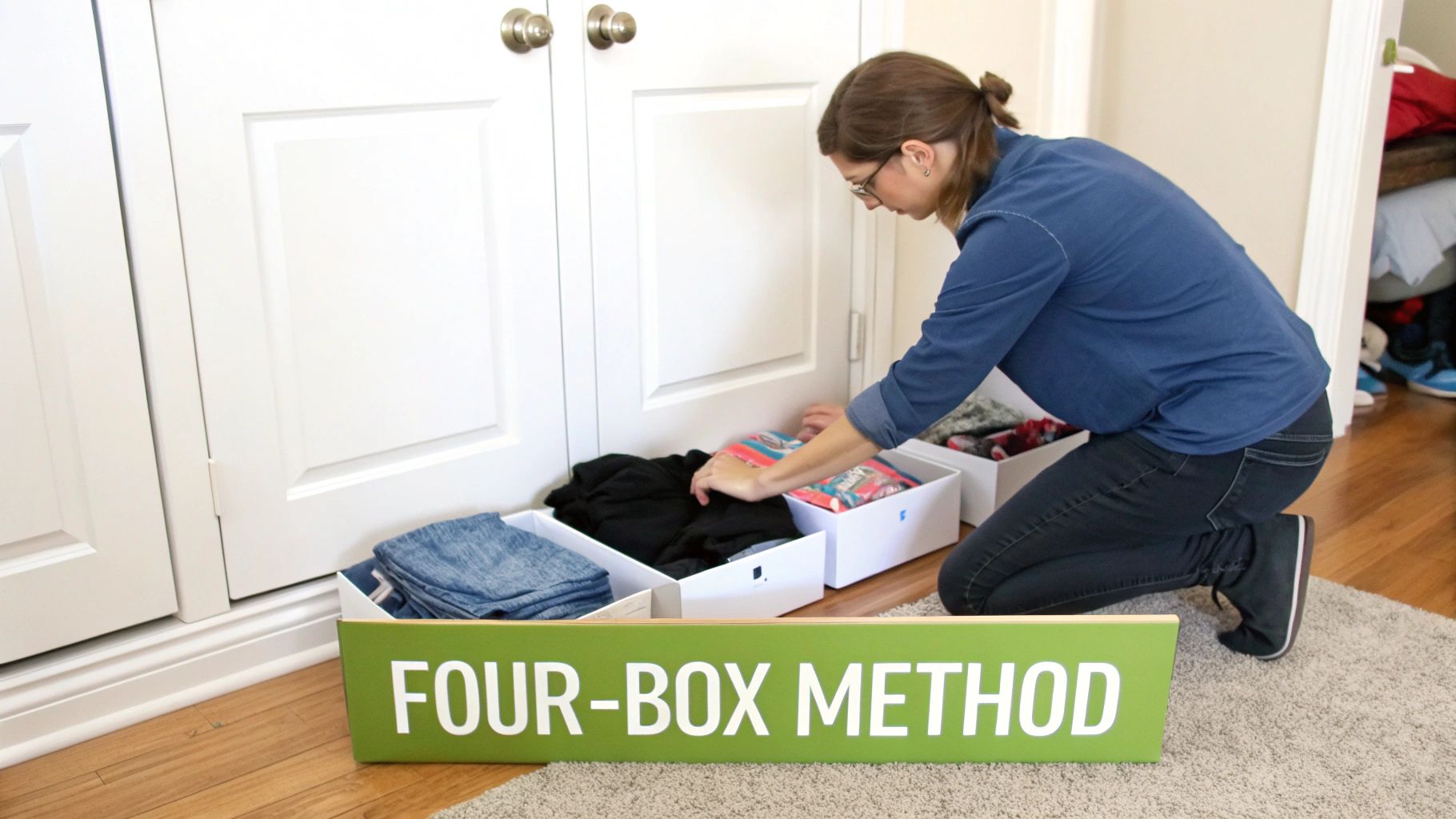 A woman kneels on a rug, organizing clothes into white bins using the "Four-Box Method" near a closet.