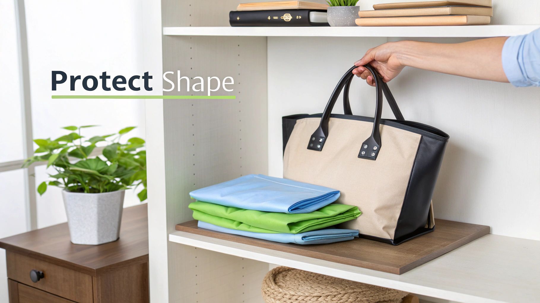 A person places a large beige and black tote bag on a closet shelf next to folded clothing.