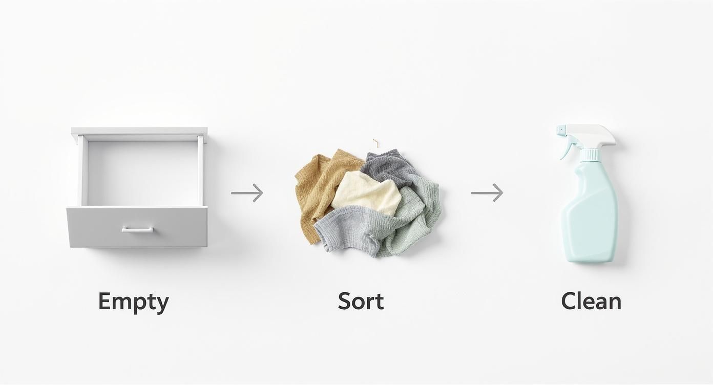 Infographic showing a process: empty a drawer, sort clothes, then clean with a spray bottle.