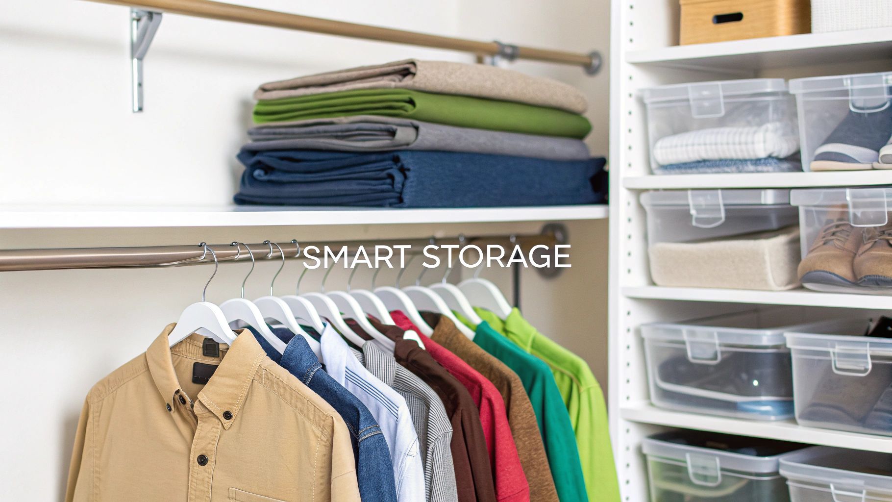 A neatly organized closet with hanging shirts, folded clothes, and clear storage bins on shelves.
