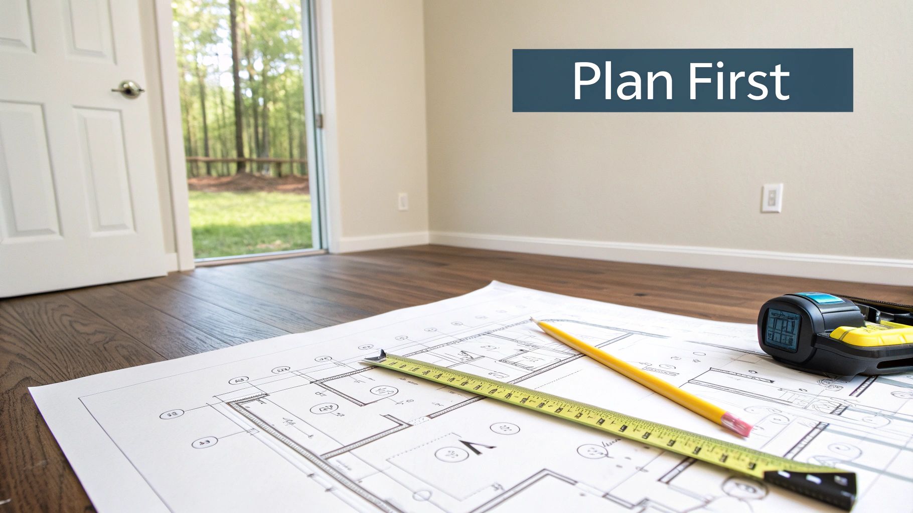 Architectural blueprints and construction tools on a wooden floor in a new room, emphasizing planning.