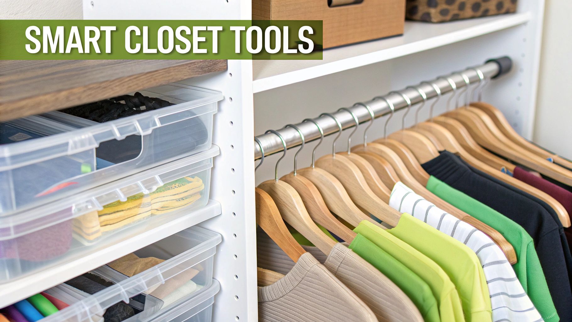 A well-organized closet featuring clear storage bins on shelves and colorful clothes on wooden hangers.