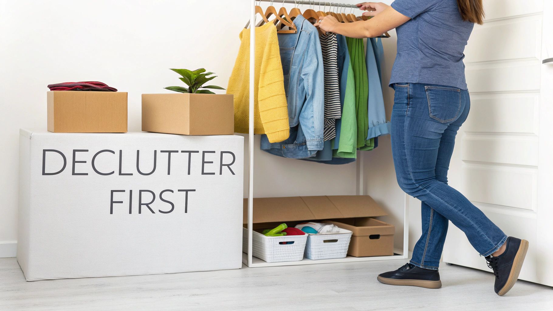 Person organizing clothes in a white closet with 'DECLUTTER FIRST' box, cardboard boxes, and storage baskets.