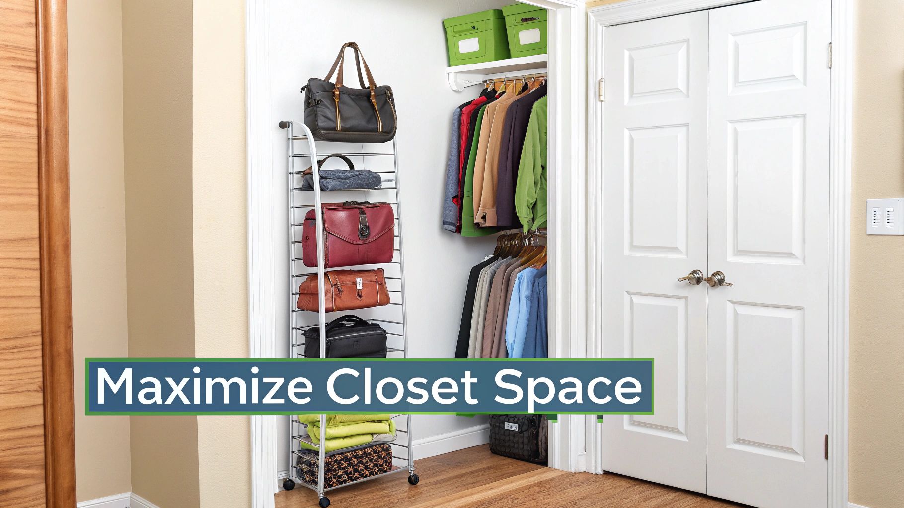 A well-organized closet with a rolling bag organizer and hanging clothes, maximizing storage space.