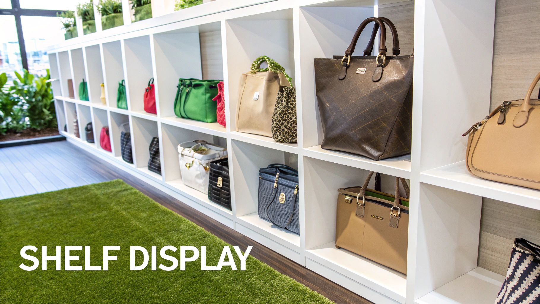 A sleek white shelf display filled with a colorful assortment of handbags and purses in a boutique.