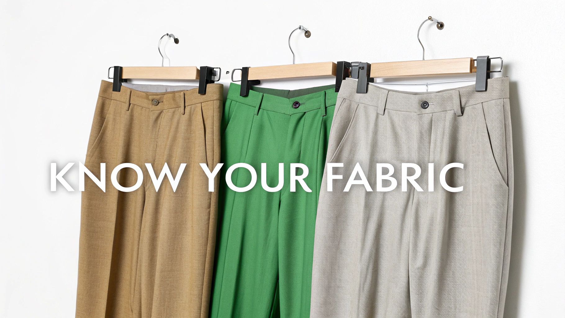 Three pairs of pleated trousers on wooden hangers with text overlay know your fabric