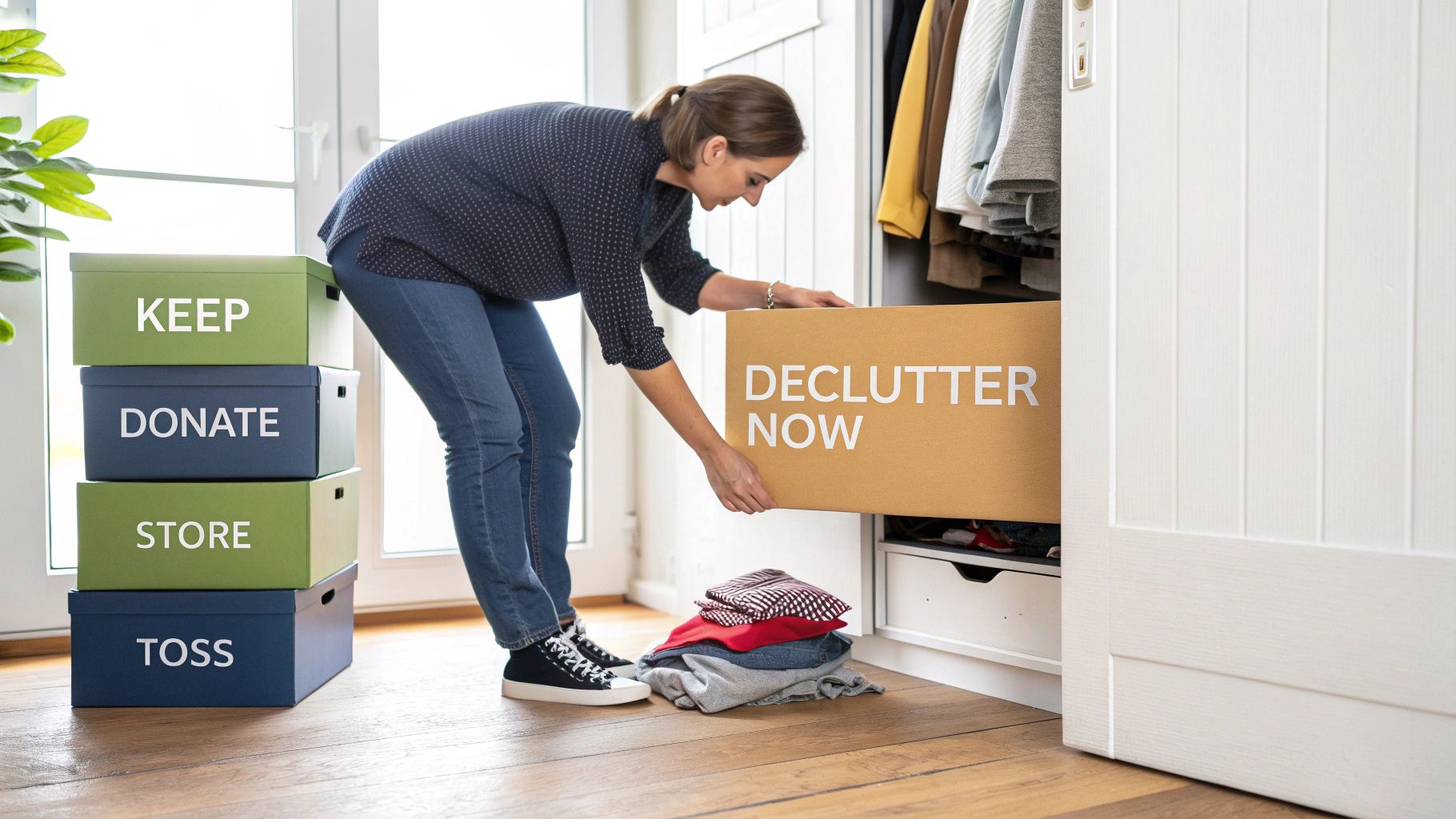 A woman decluttering her closet, placing items into a box labeled "DECLUTTER NOW" next to other organizational boxes.