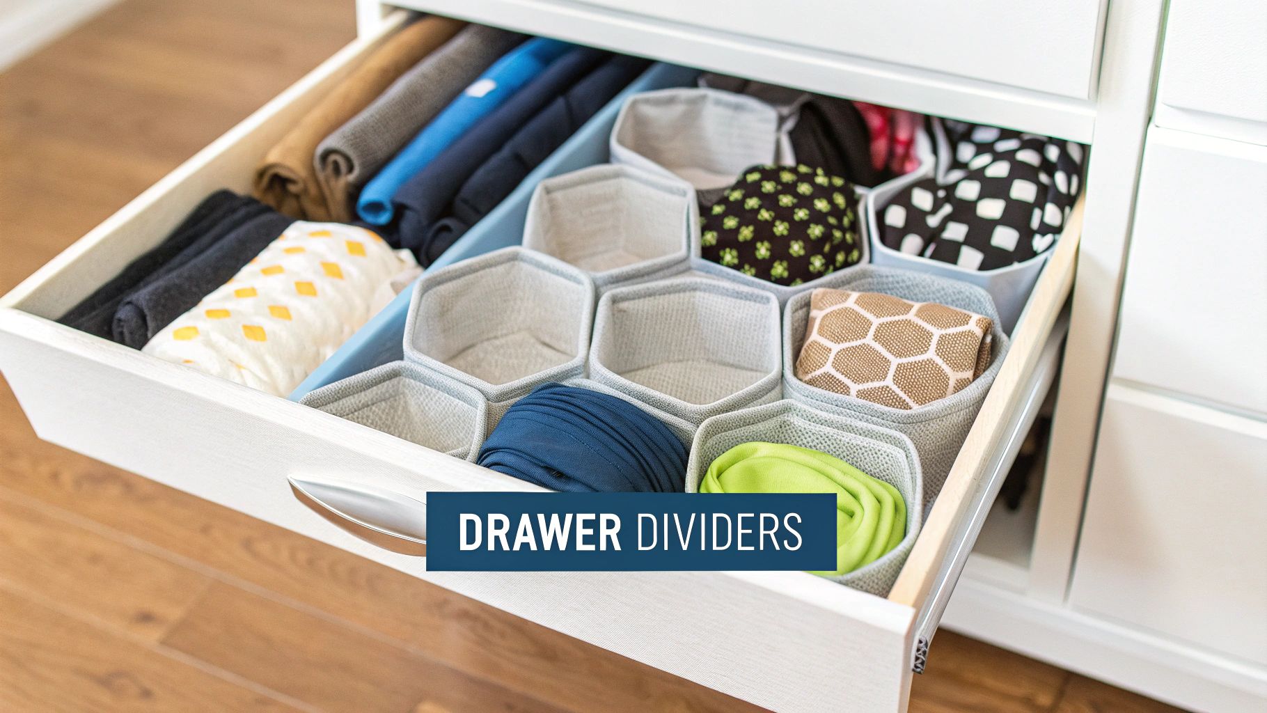 An open drawer filled with neatly organized clothes using honeycomb-shaped fabric drawer dividers and rolls.