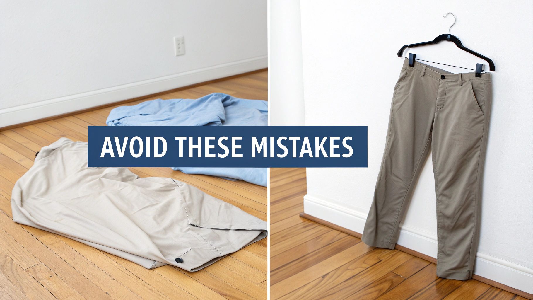 Close up of creased and messy dress pants on a hanger