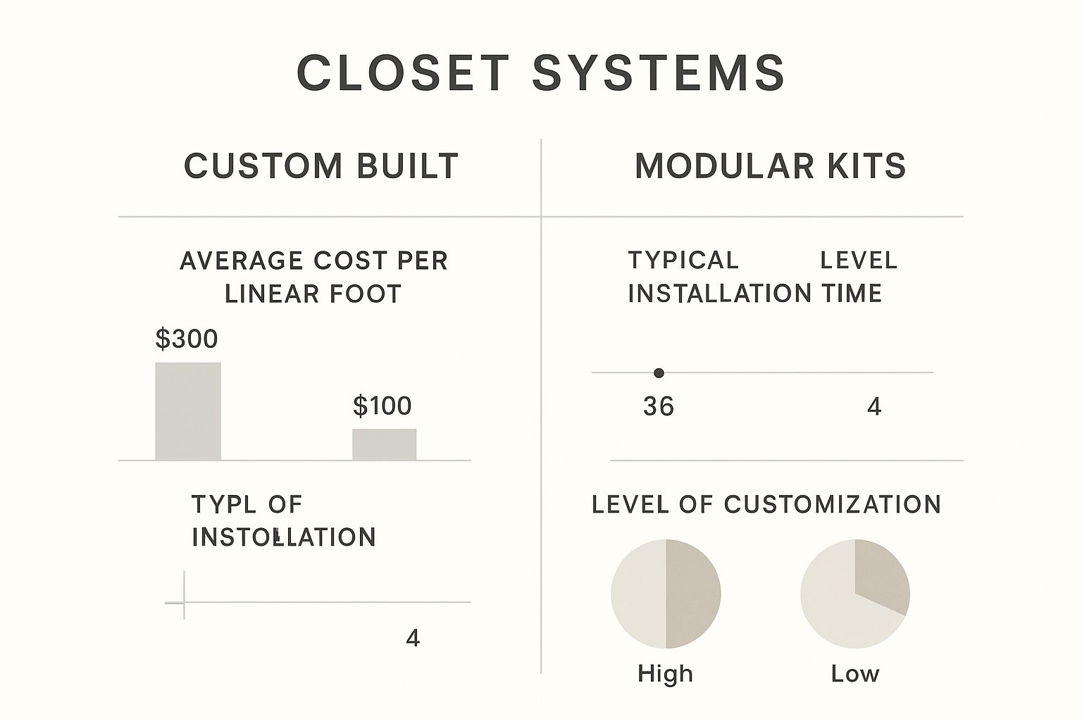 Infographic comparing custom-built and modular closet systems on cost, installation time, and customization options.