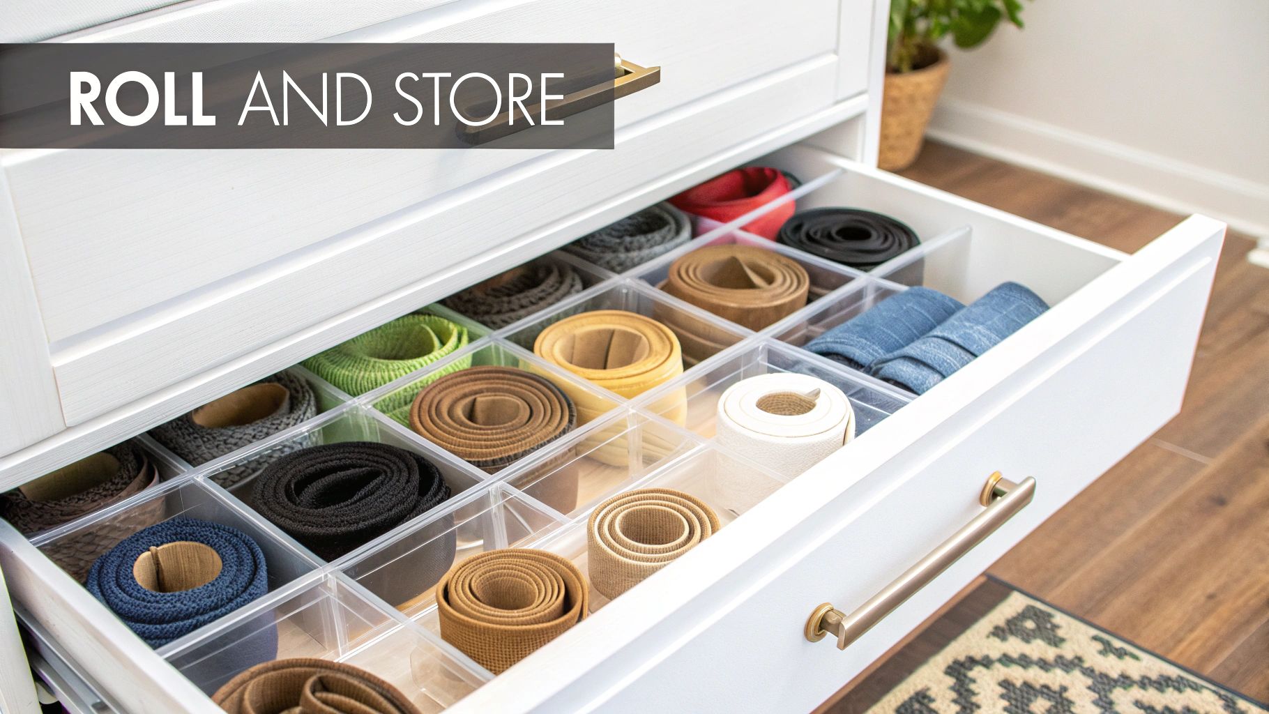 A wooden coat rack repurposed to hang belts on a closet wall.