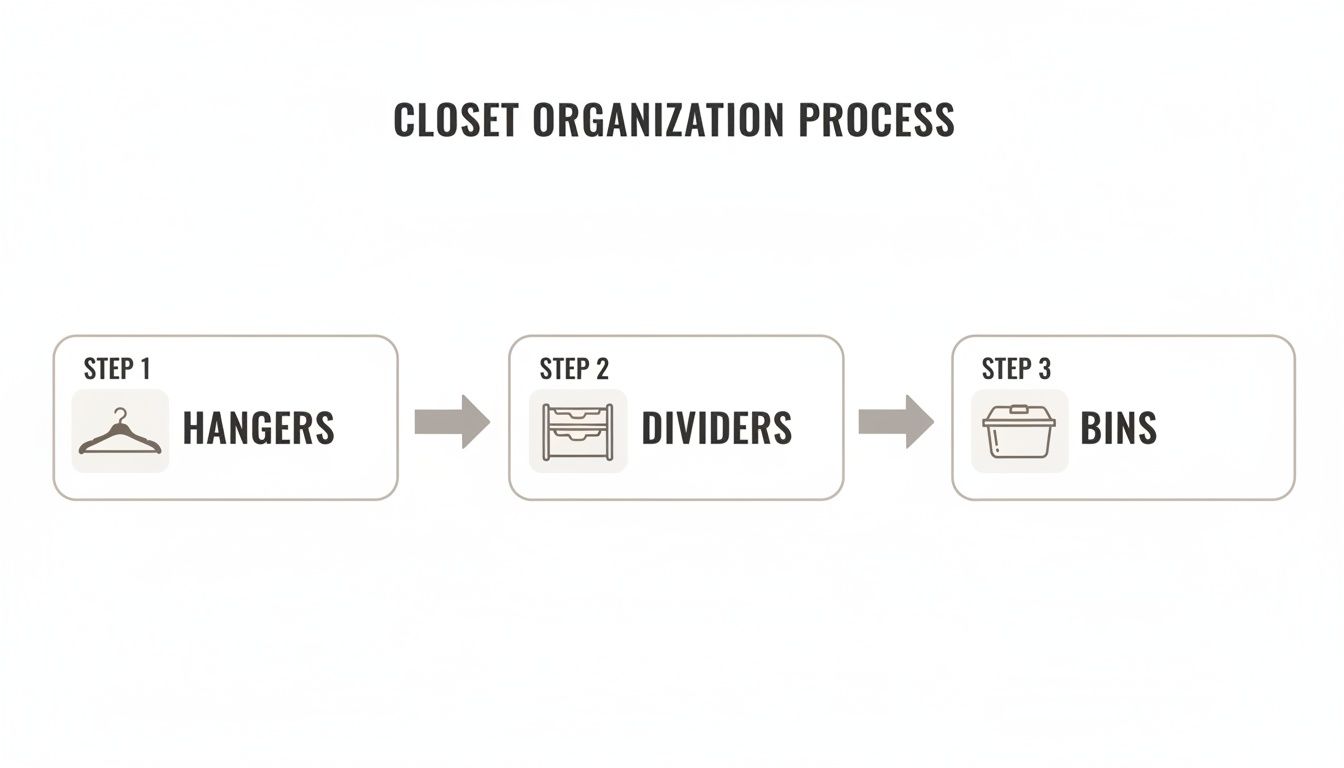A graphic illustrating the closet organization process with three steps: hangers, dividers, and bins.