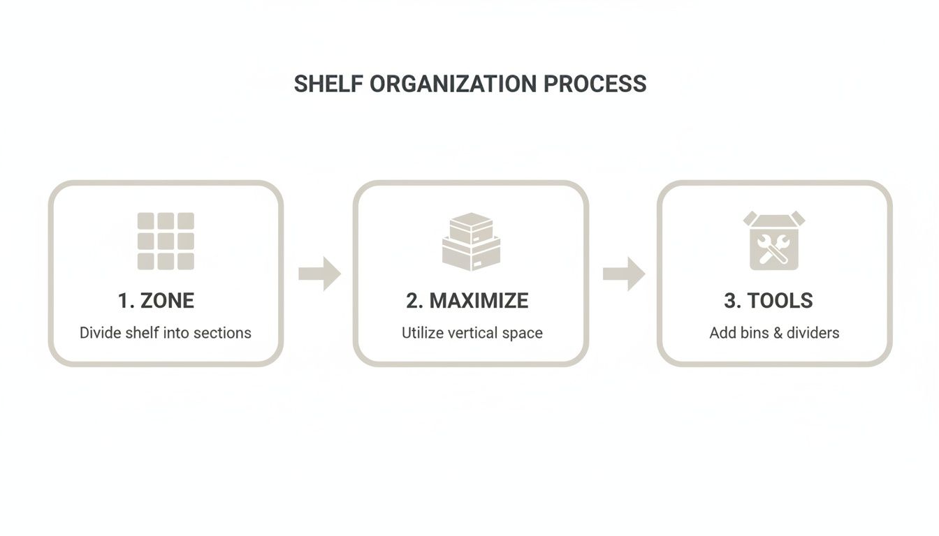 Infographic showing a three-step shelf organization process: zone, maximize vertical space, and add tools.