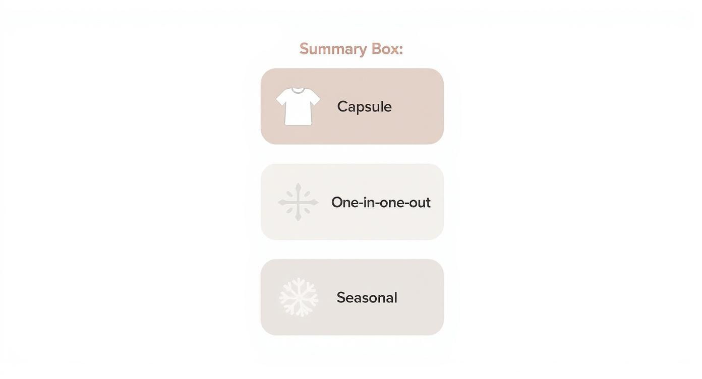 An infographic showing three icons related to curating a wardrobe: a shirt for a capsule wardrobe, a refresh symbol for the one-in-one-out rule, and a snowflake for seasonal swaps.