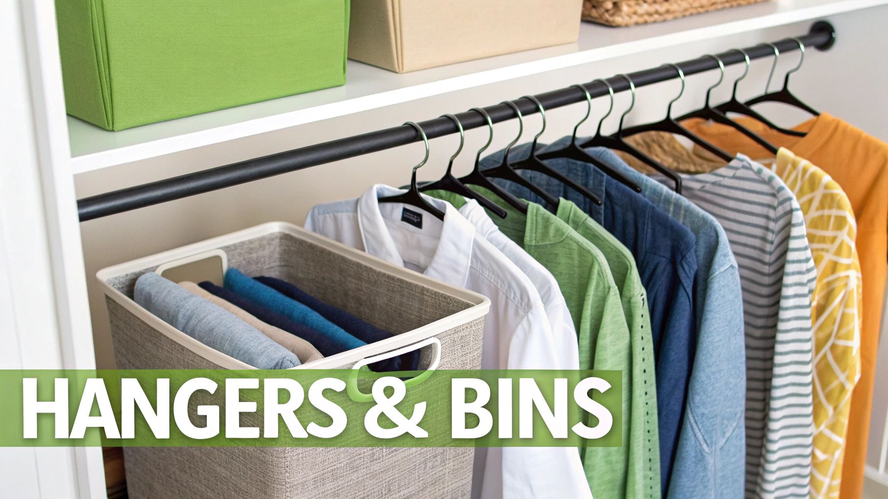 A woman happily organizing her closet with folded clothes in bins and hanging garments.