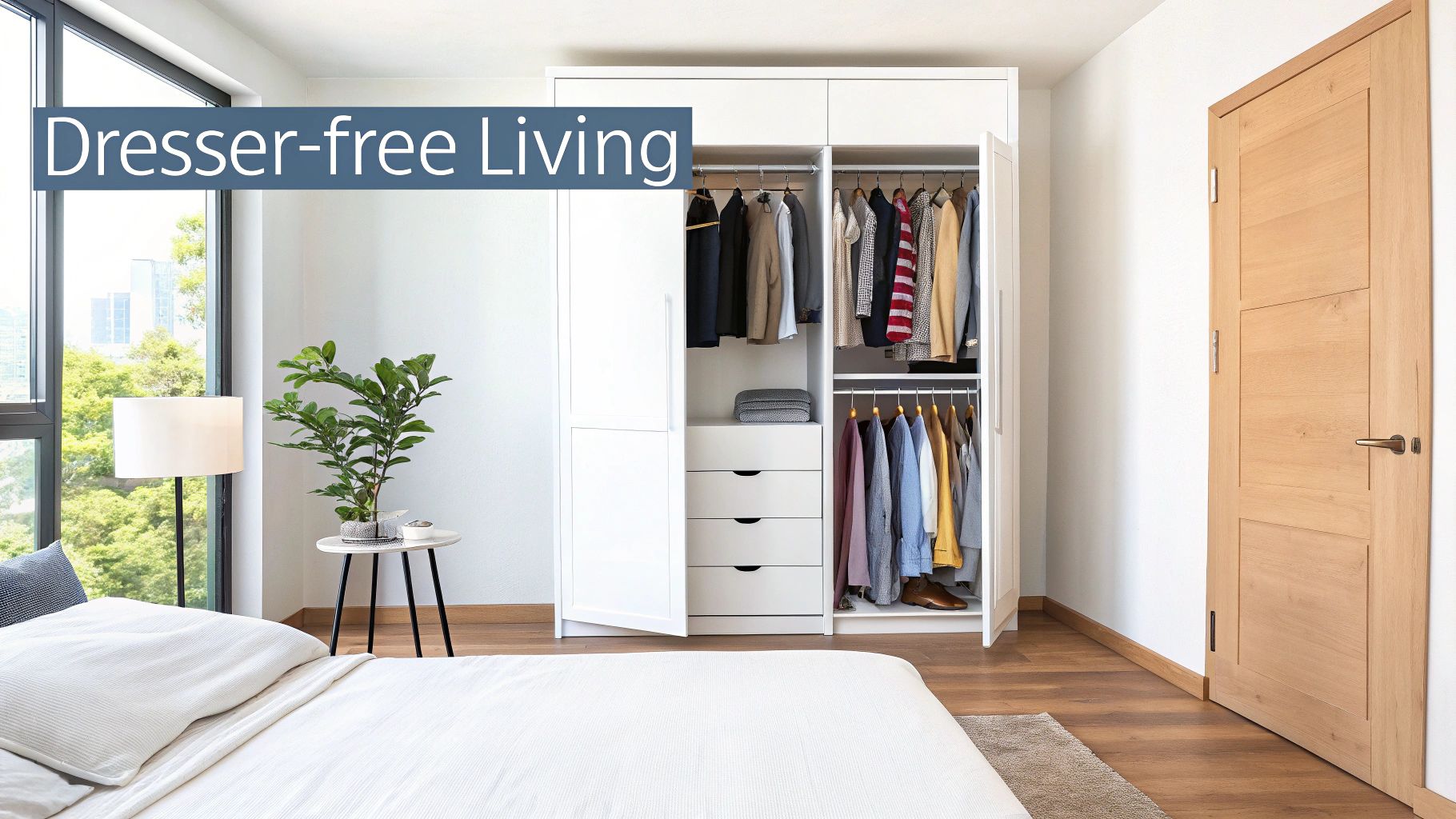 Modern bedroom with organized wardrobe closet showing dresser-free clothing storage solution and minimalist design
