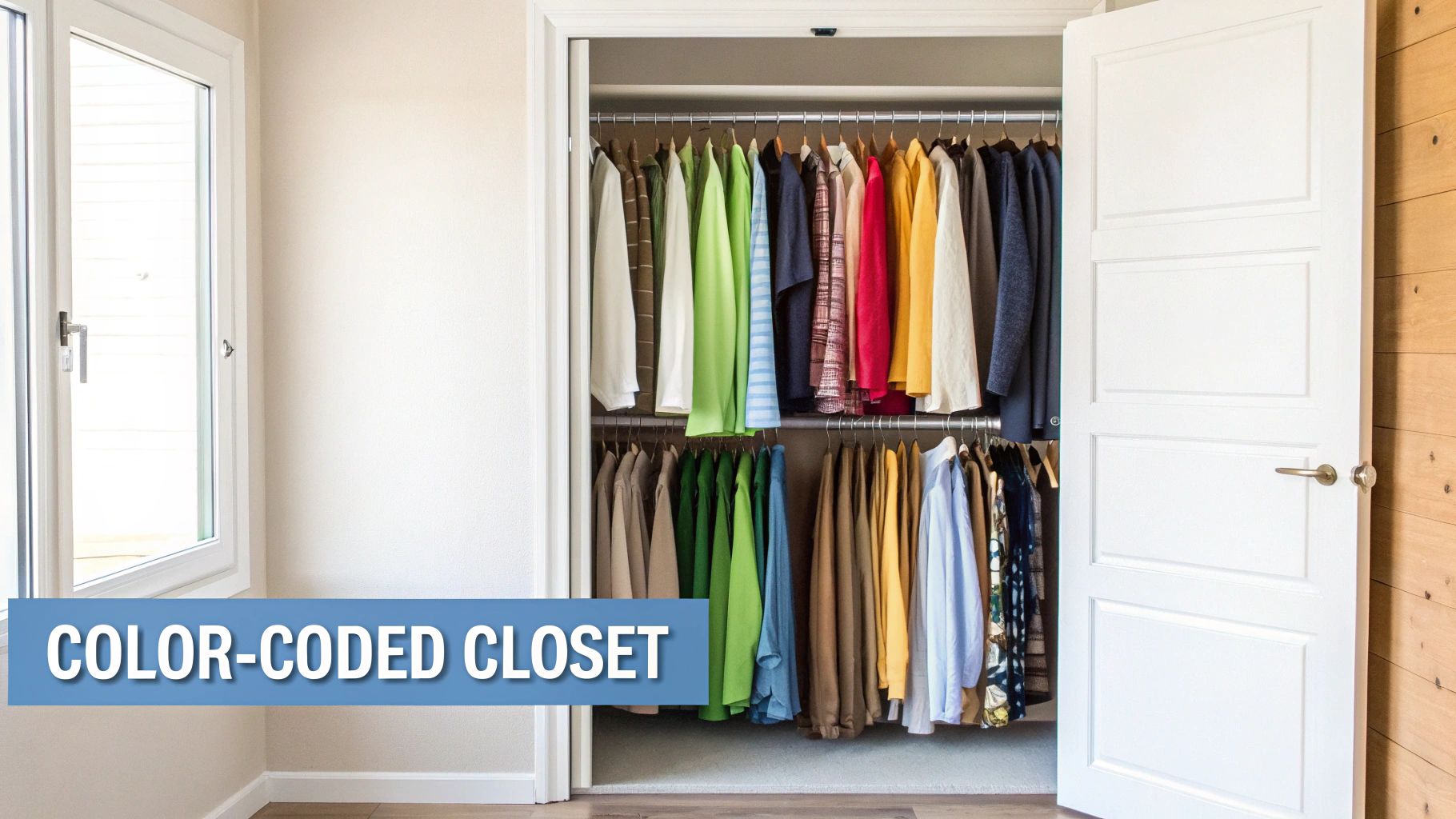 A well-organized closet with clothes neatly arranged by color on two hanging rods.