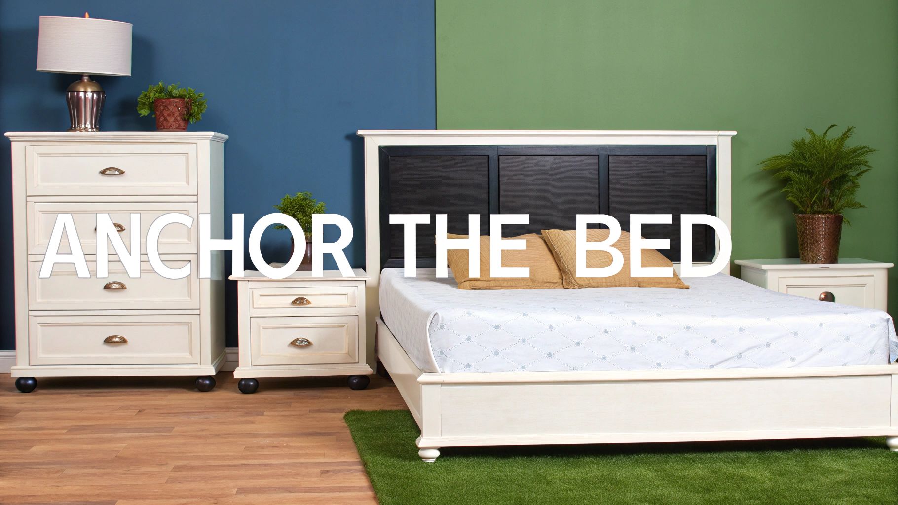 A modern bedroom with a white bed, dresser, and nightstands against a blue and green wall, showcasing furniture arrangement.