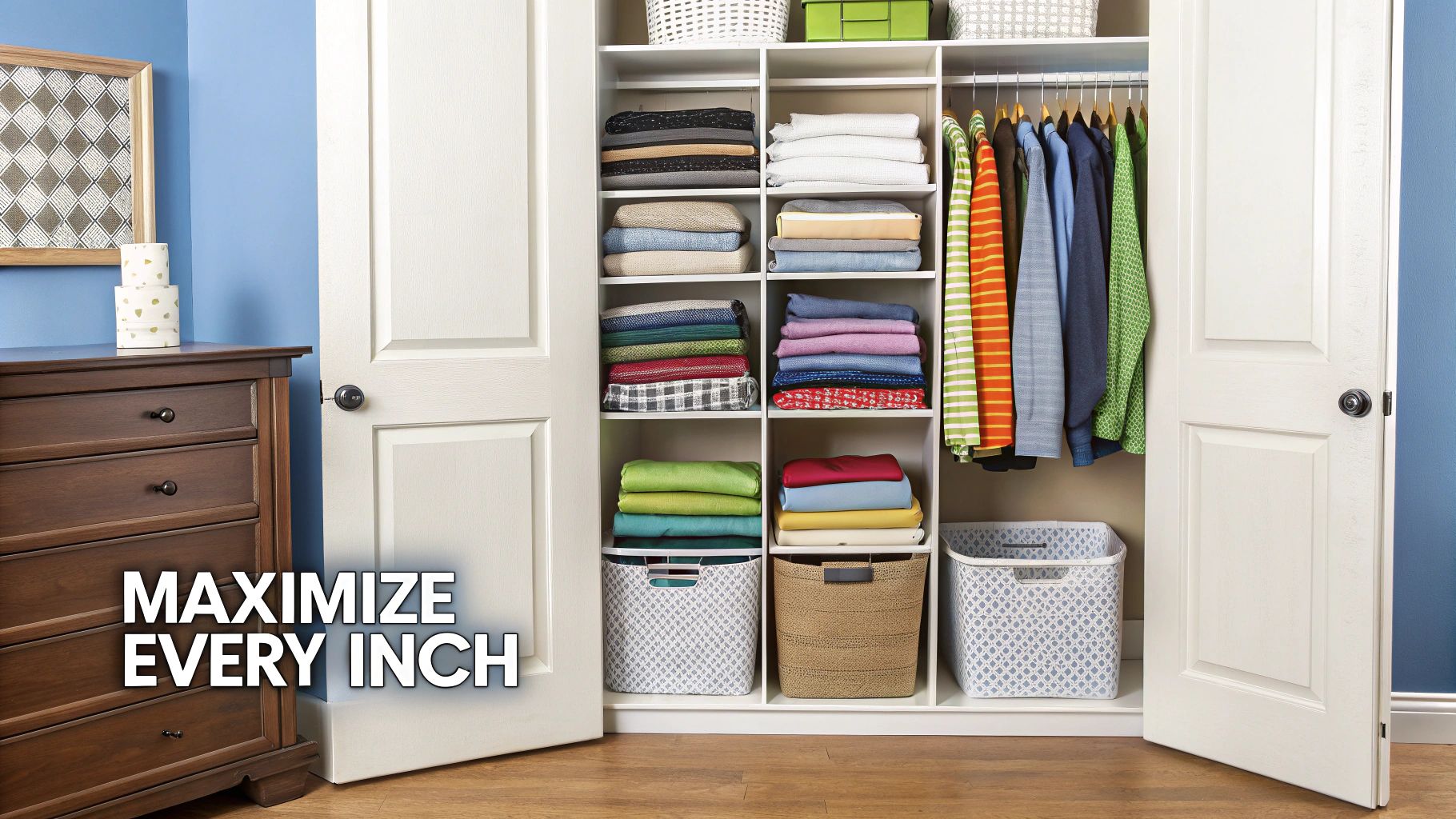 A woman smiles while using folding techniques to organize clothes in her small closet's new drawers.
