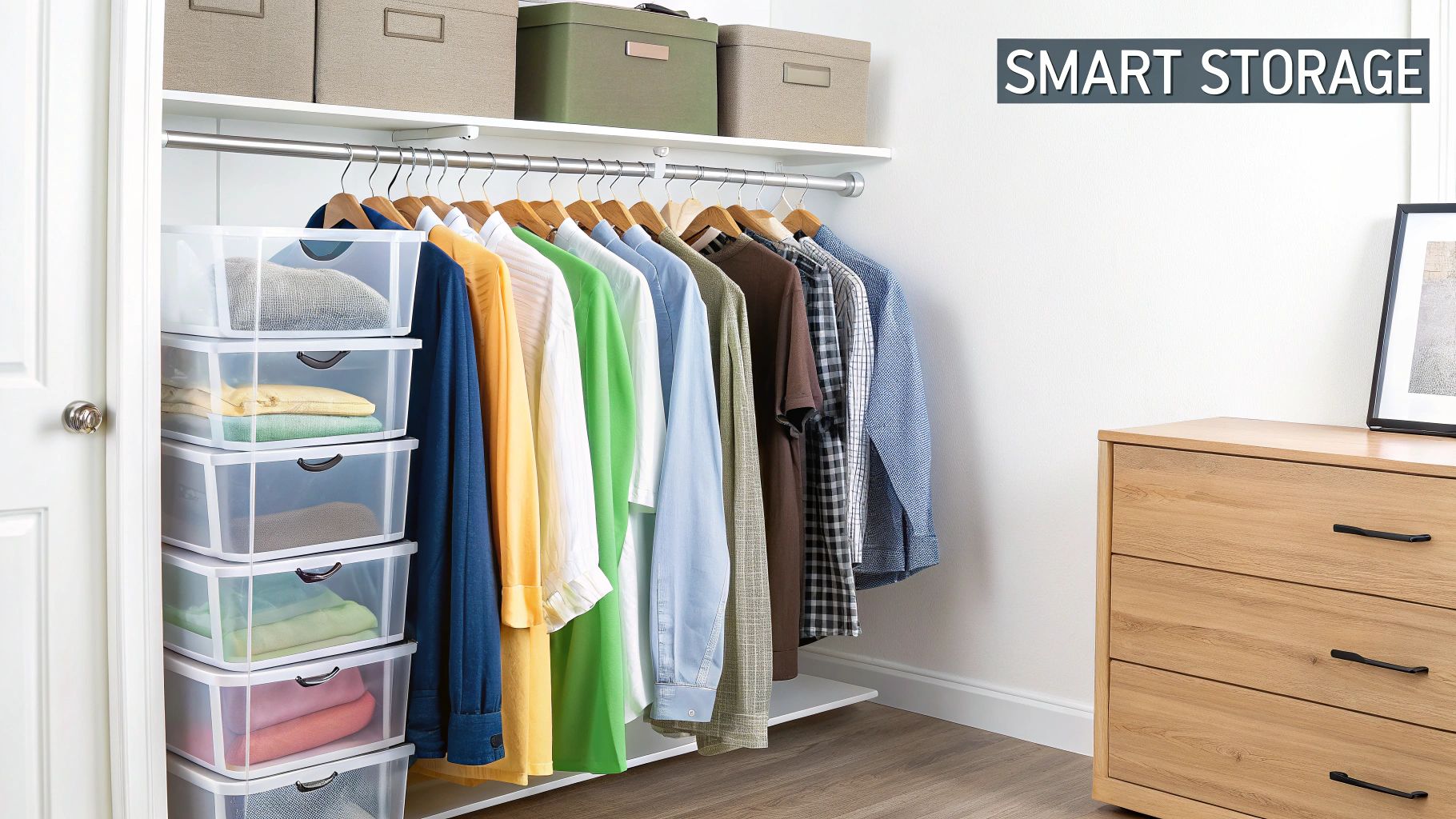 A bright closet with a hanging rod full of colorful shirts and stacked clear storage bins.
