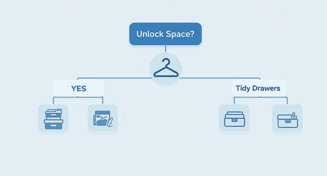 Flowchart illustrating steps to unlock space and tidy drawers for better closet organization.
