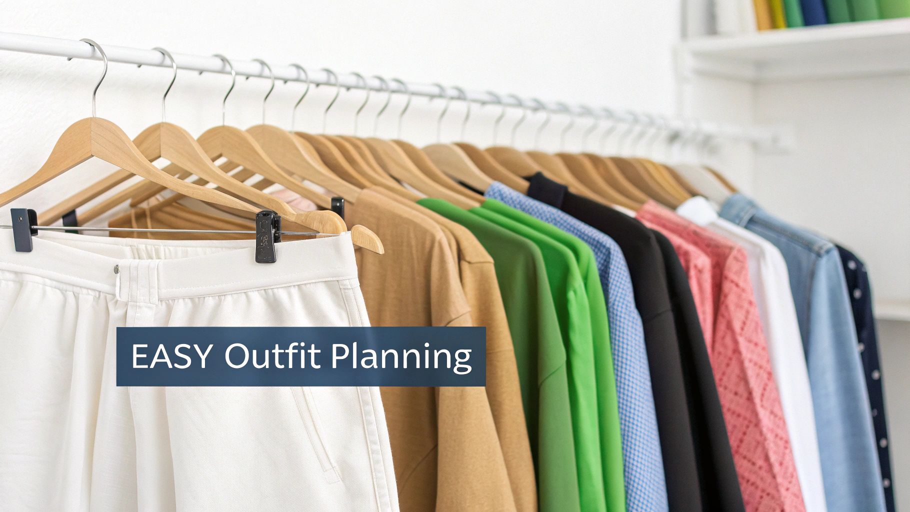 A woman happily choosing a skirt from an organized closet