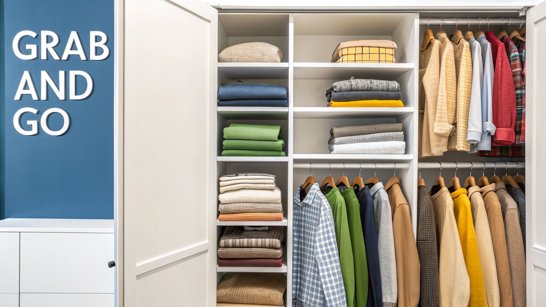 A neatly organized closet with clothes sorted by type and color