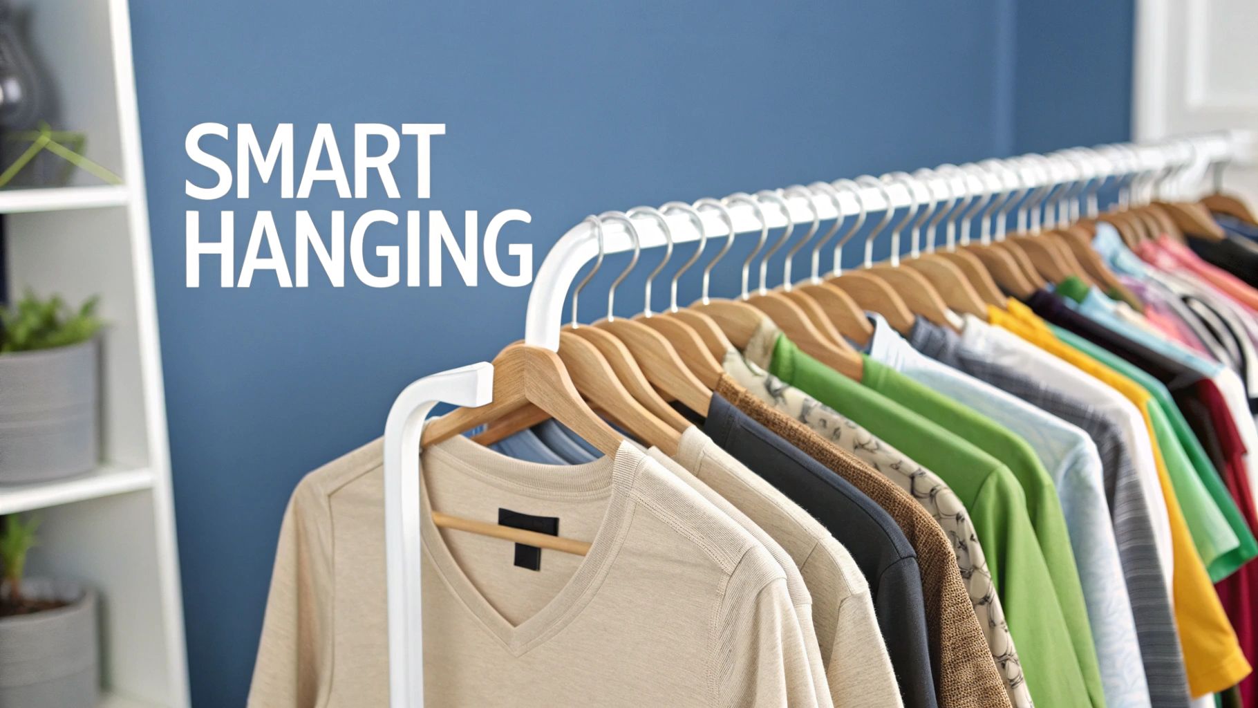 A clothing rack with various shirts on wooden hangers against a blue wall, promoting smart organization.