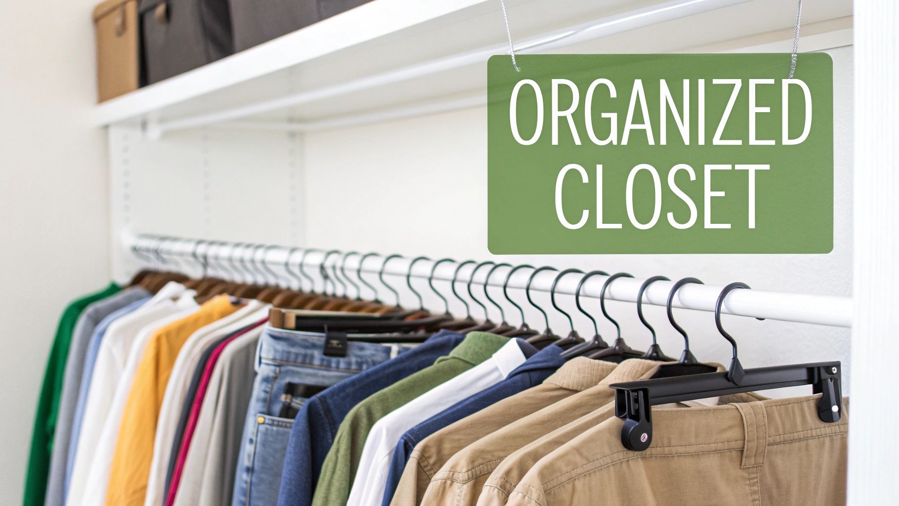 A neat and organized closet with various clothes on hangers, and a green sign stating 'ORGANIZED CLO sendo'.