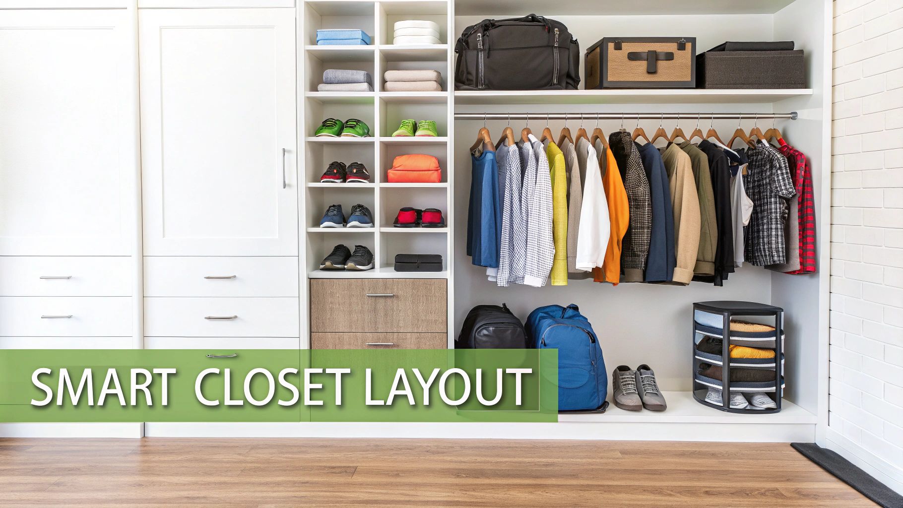 An impeccably organized closet featuring various storage solutions for clothes, shoes, and accessories.