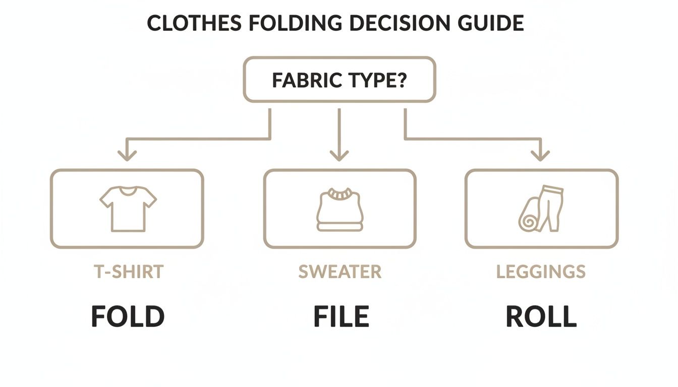 A clothes folding decision guide illustrating methods for t-shirts (fold), sweaters (file), and leggings (roll).