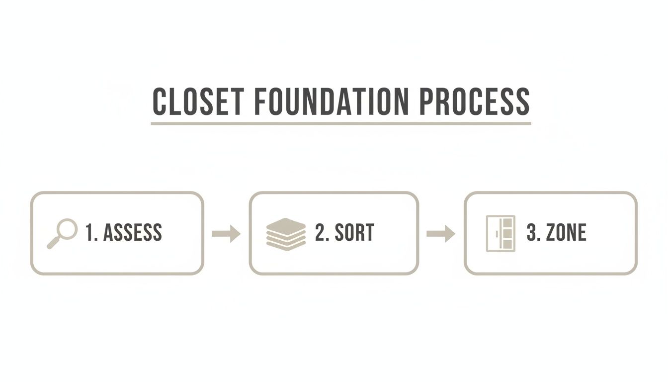 A visual guide illustrating a three-step closet foundation process: 1. Assess, 2. Sort, 3. Zone.