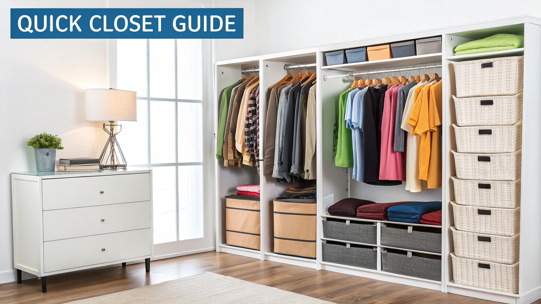 A neatly organized closet with clothes sorted by color on uniform hangers.