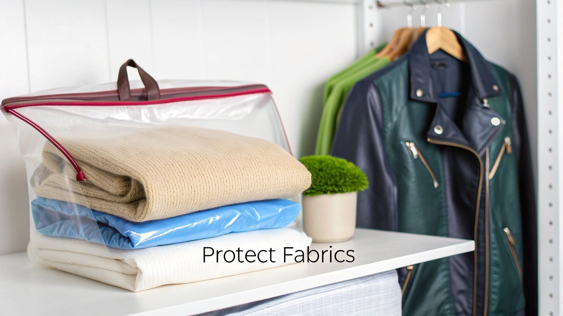 Folded clothes neatly stored in a clear plastic bag on a white shelf in a closet, protecting fabrics.