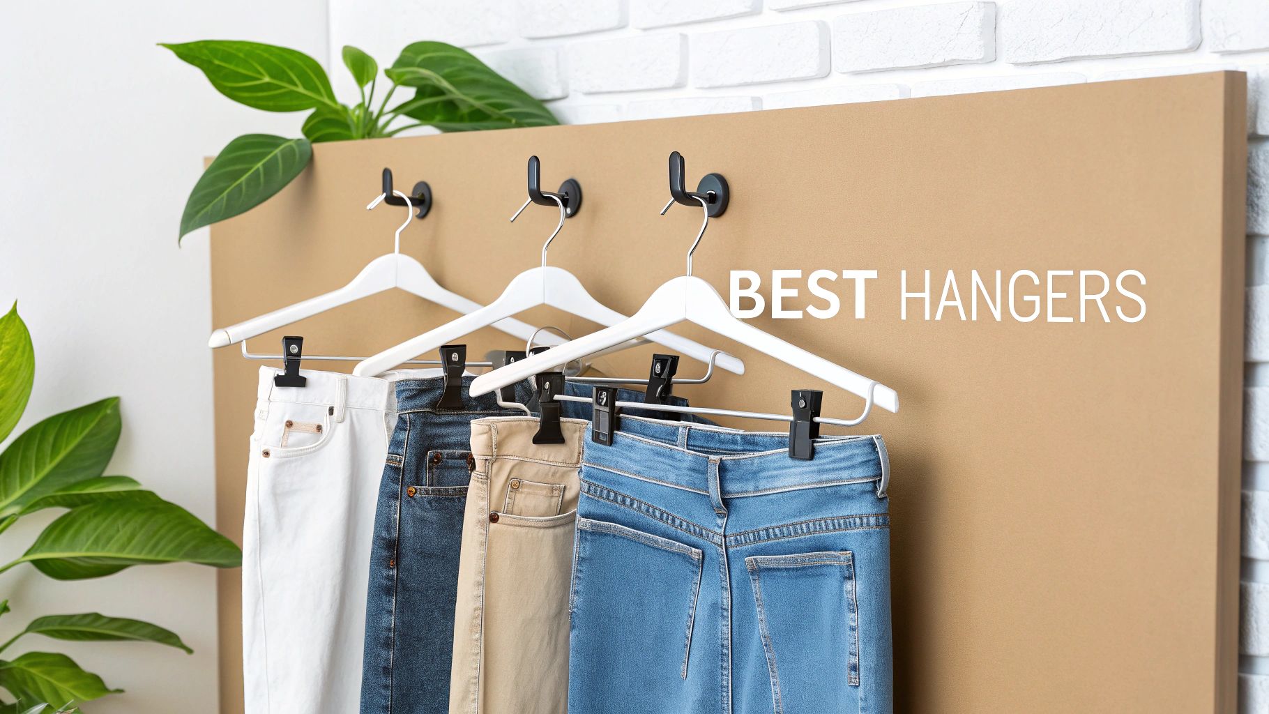 Four pairs of jeans in different colors hanging neatly on white hangers with clips, displayed on a brown board.