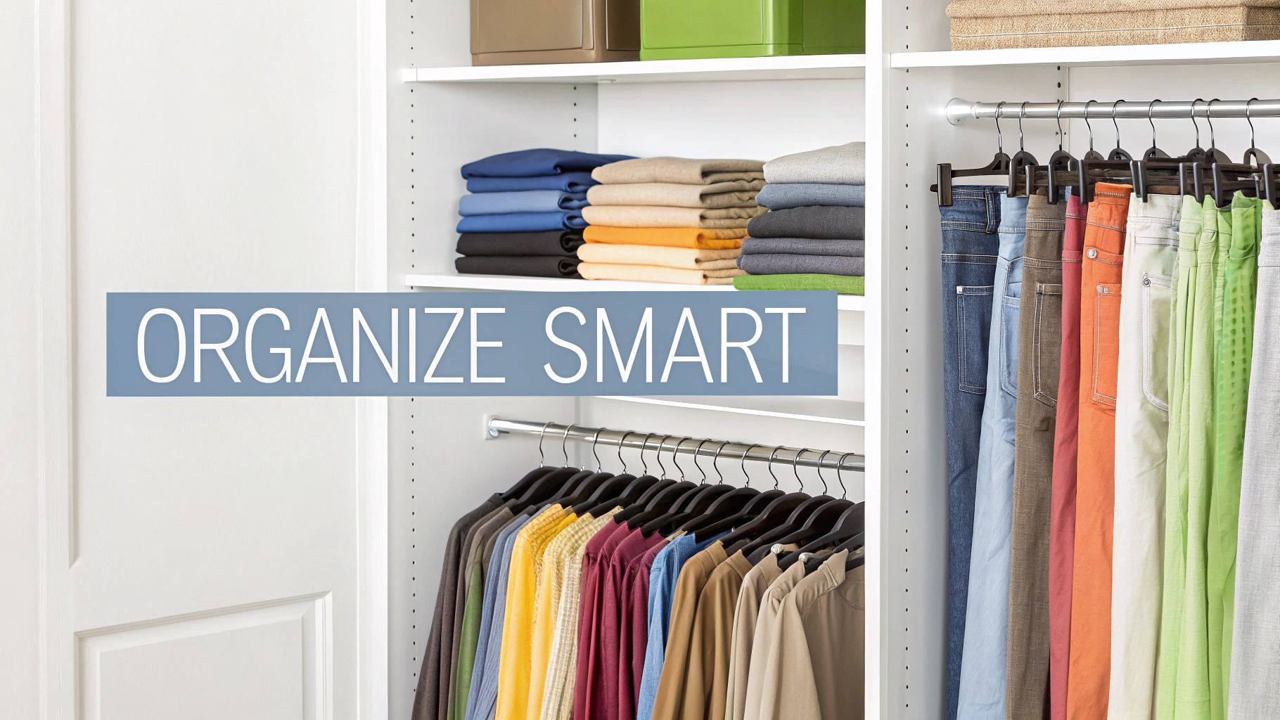 Several pairs of pants organized by color on a multi-tier pants hanger rack inside a closet.
