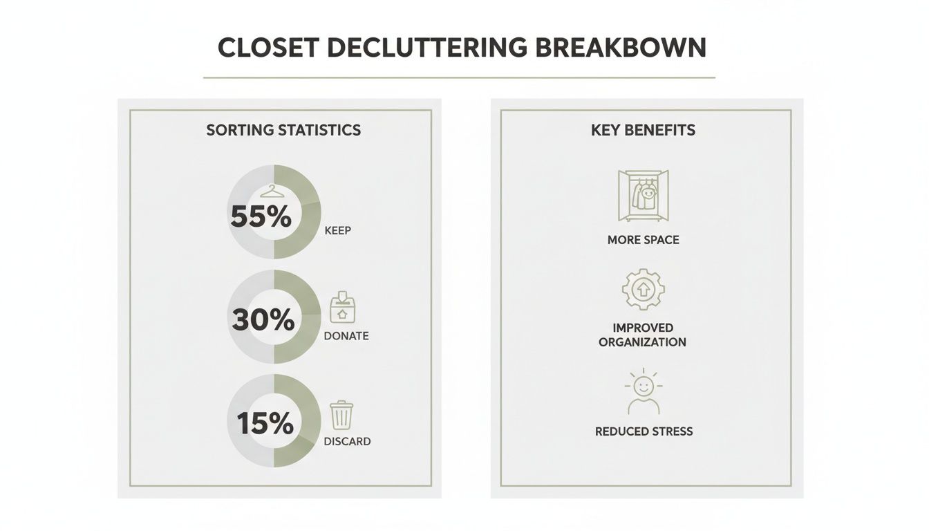 Infographic showing closet decluttering statistics and key benefits like more space, organization, and reduced stress.