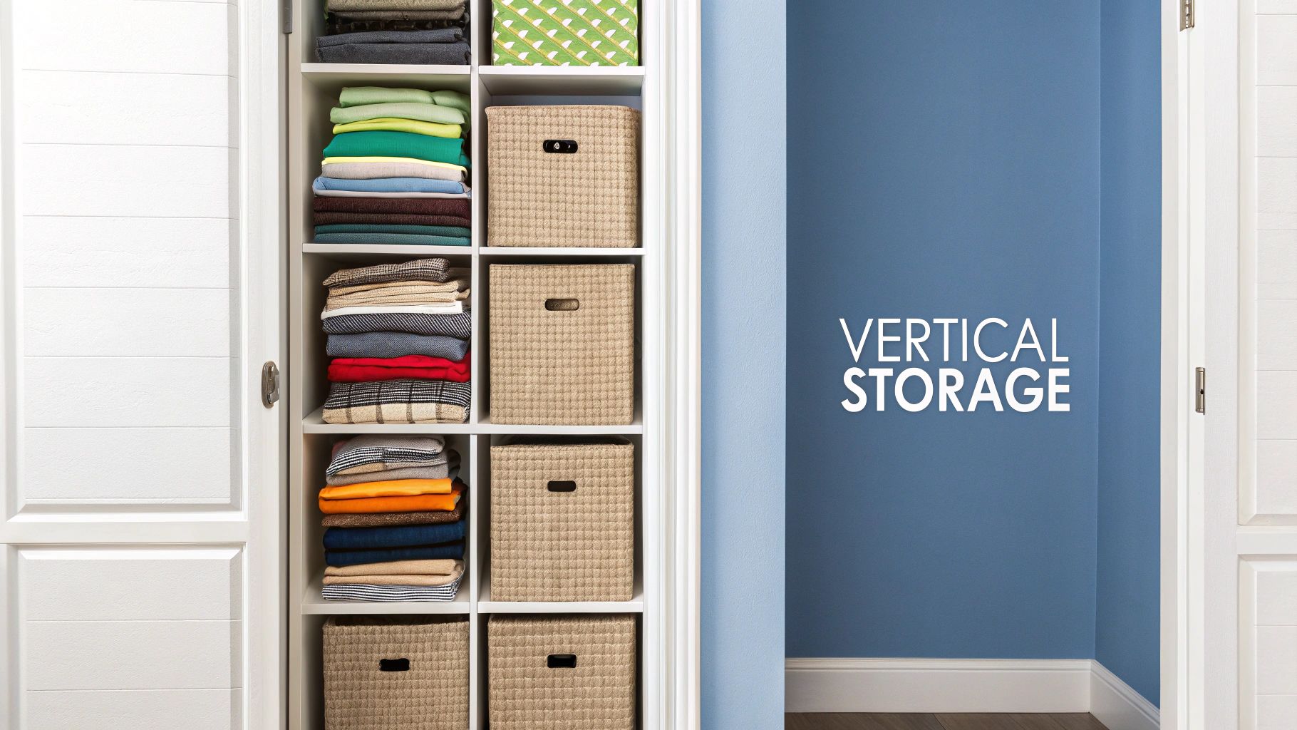 A neatly organized closet with clothes sorted by color.