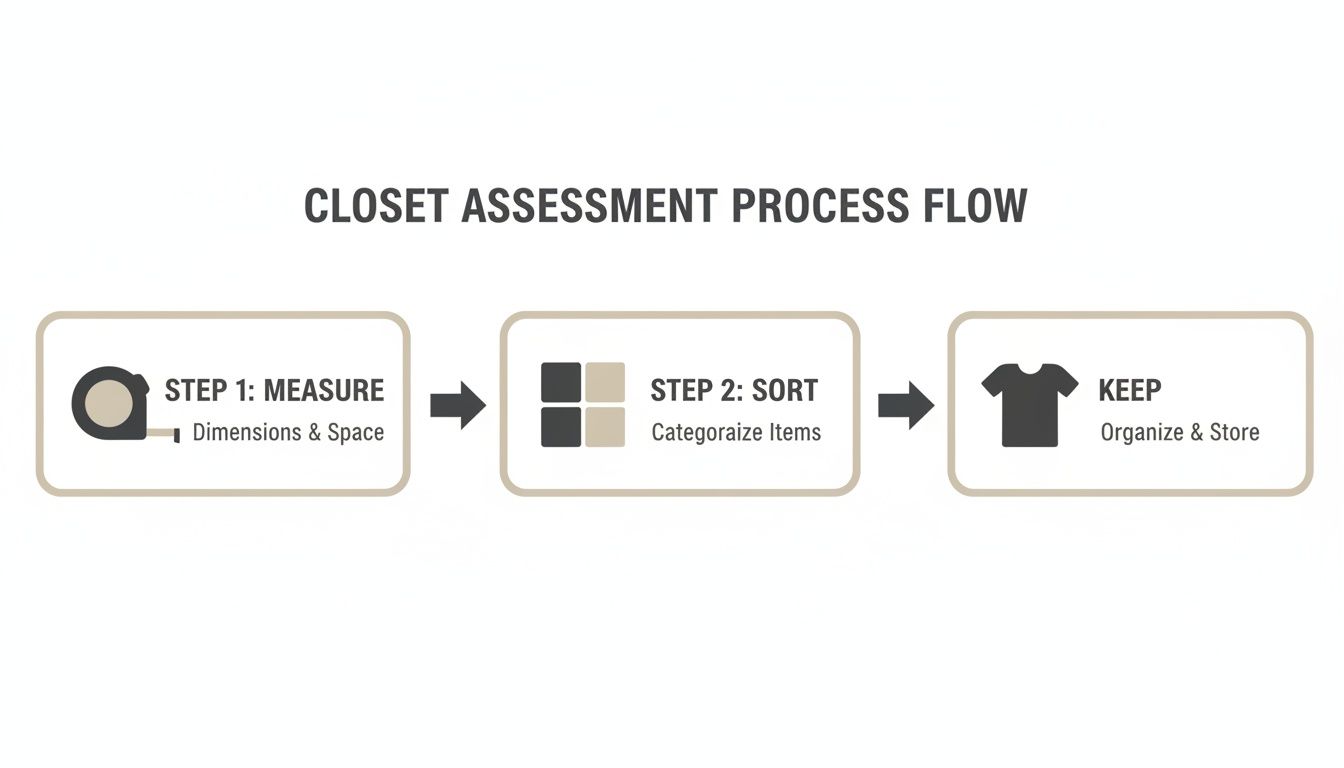 Flowchart detailing a 3-step closet assessment process: measure, sort, and keep items organized.